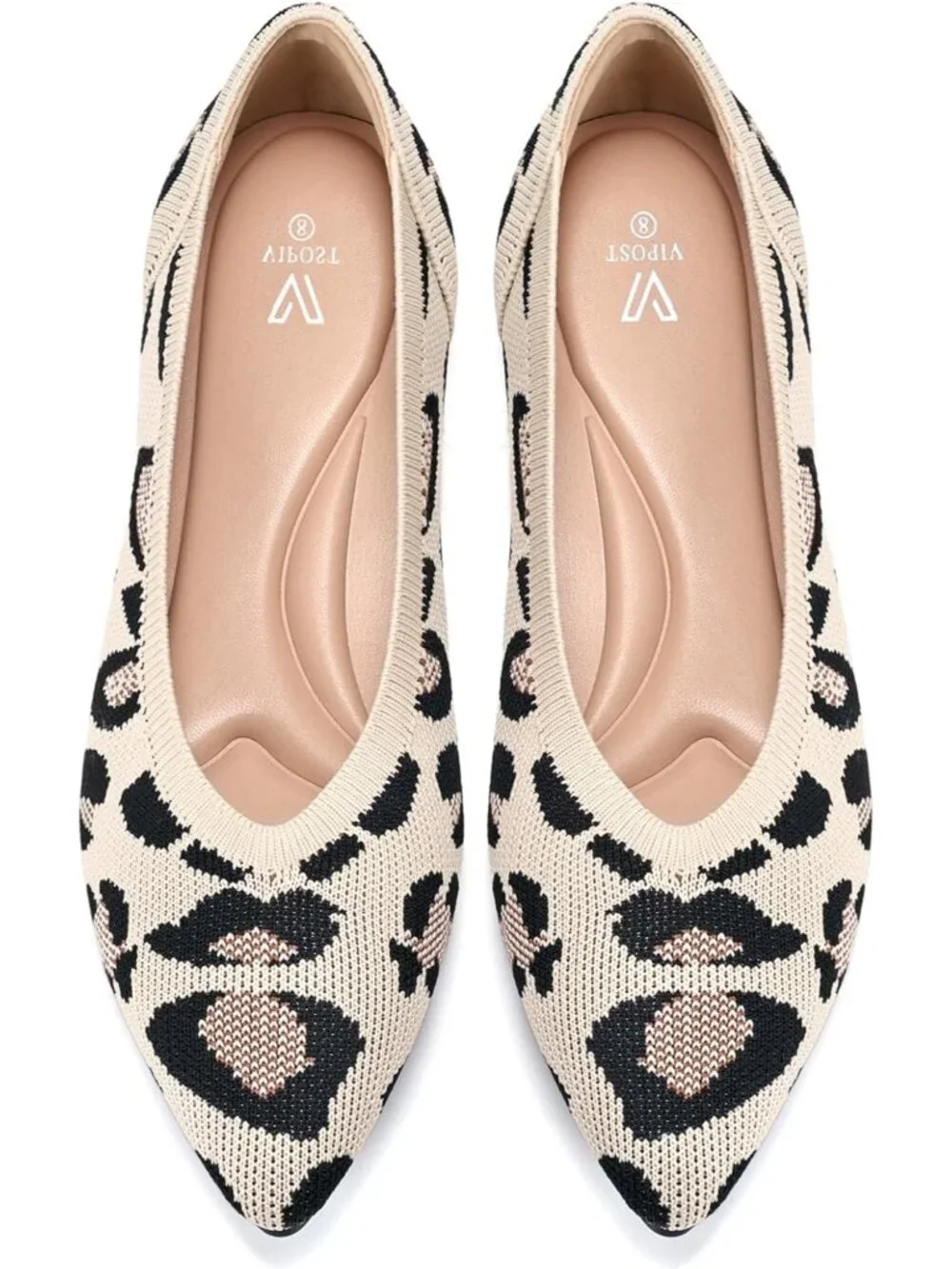 Women's Leopard  Pointed Toe Comfort Foldable Slip On Knit Ballet Flat Shoes